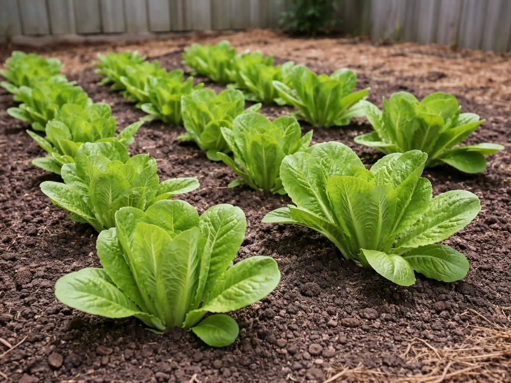 Cos and romaine lettuce growing in neat rows with upright heads in a simple home garden bed