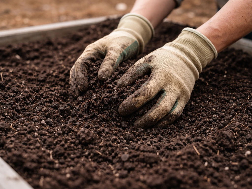 Hands mixing dark compost into fine, crumbly soil in preparation for planting lettuce outdoors