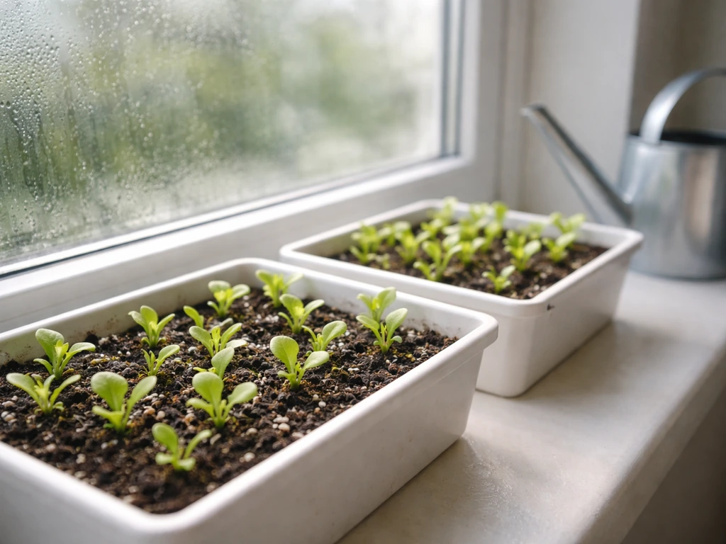 Lettuce seedlings in shallow containers on a north-facing windowsill indoors in New Zealand light.