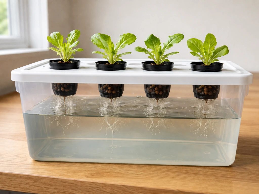 A clear Kratky hydroponic container with net pots holding small lettuce seedlings on a bench.
