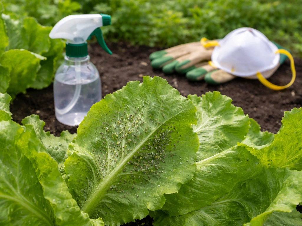 Close-up lettuce leaves with aphids, with a spray bottle and gloves nearby for treatment.