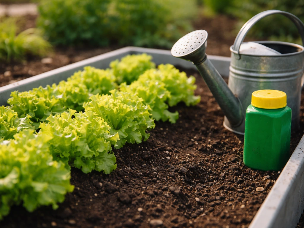 Fresh lettuce thriving beside a fertilizer container and a watering can in a simple garden bed.