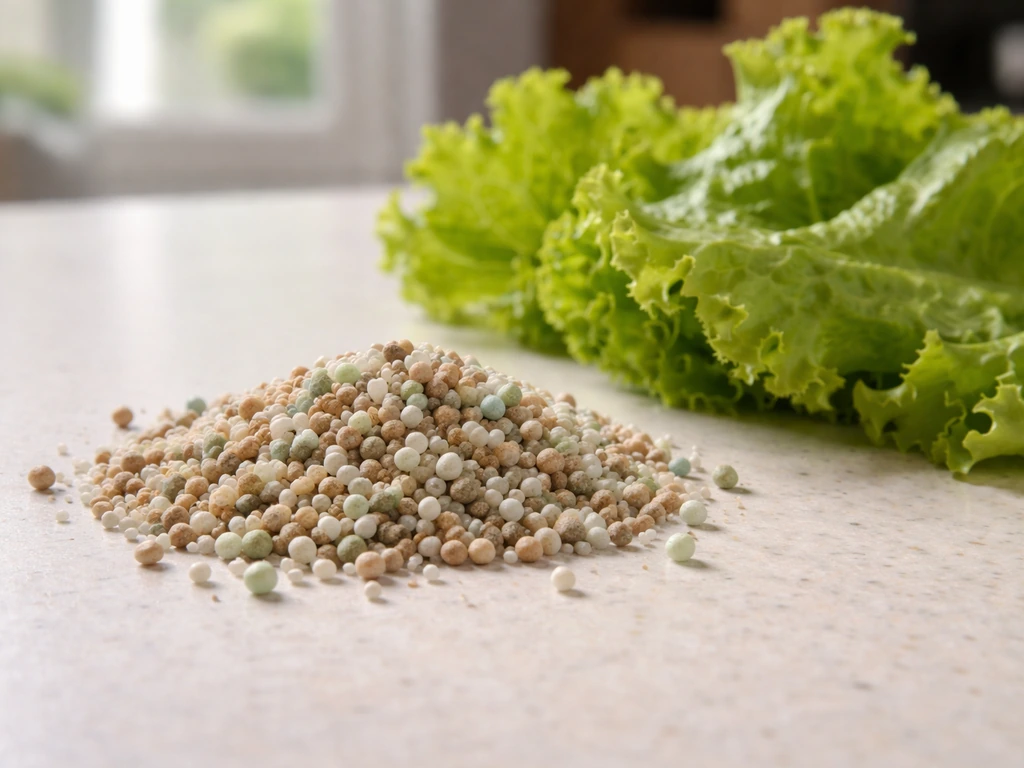 Close-up of granular fertilizer beside fresh lettuce leaves, suggesting N-heavy feeding for lettuce.