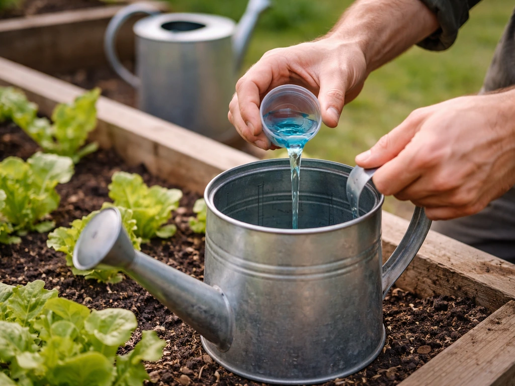 Half-strength liquid fertilizer poured into a watering can beside lettuce in a raised bed.
