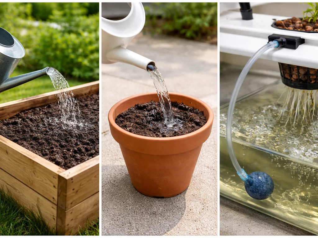 Three-panel photo showing raised bed watering, a container pot being watered, and a hydroponic nutrient reservoir.