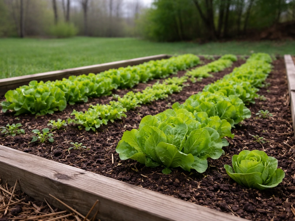 Backyard vegetable bed with healthy loose-leaf lettuce in early spring Michigan light