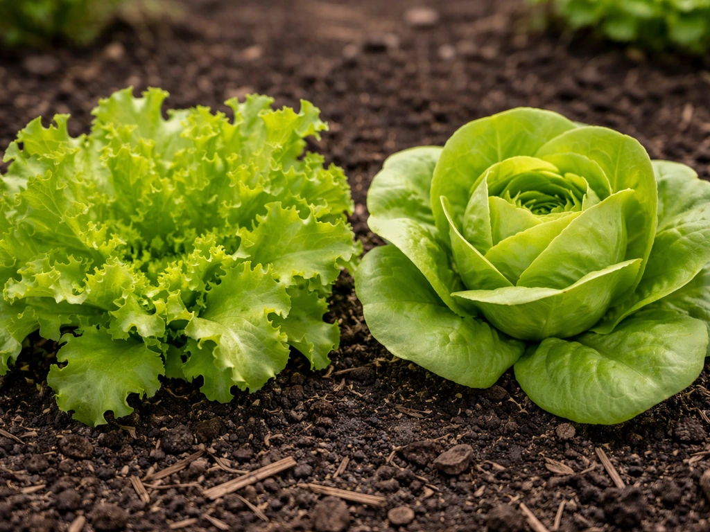 Close-up of two lettuce varieties side by side: loose-leaf and butterhead, showing different growth habits.
