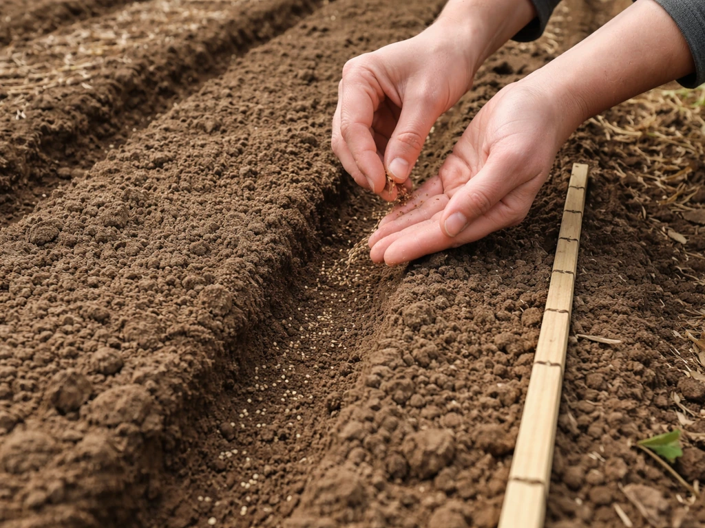 Hands direct-seeding lettuce into prepared rows with a simple spacing marker stick beside the furrow.