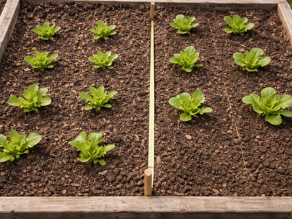 Top-down angled view of lettuce seedlings with a measuring tape showing different spacing distances.