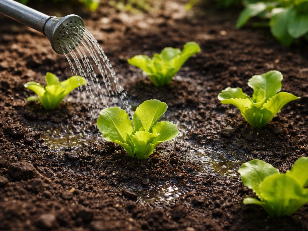 Watering lettuce seedlings with a watering can or drip line; damp soil in sun and afternoon shade.