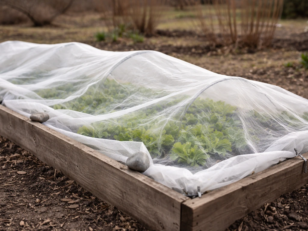 Lightweight floating row cover laid over a lettuce bed, secured at the edges to protect from cold snaps.