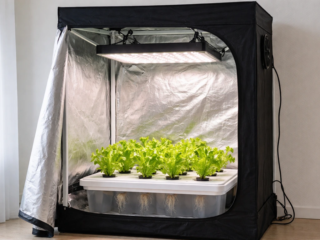Compact grow tent with full-spectrum LED lights and small lettuce plants in hydroponic pots