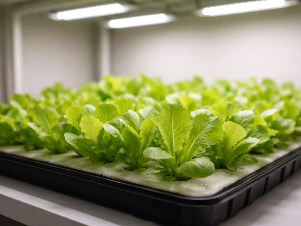 Indoor lettuce seedlings growing in a tray under grow lights in a simple home setup.