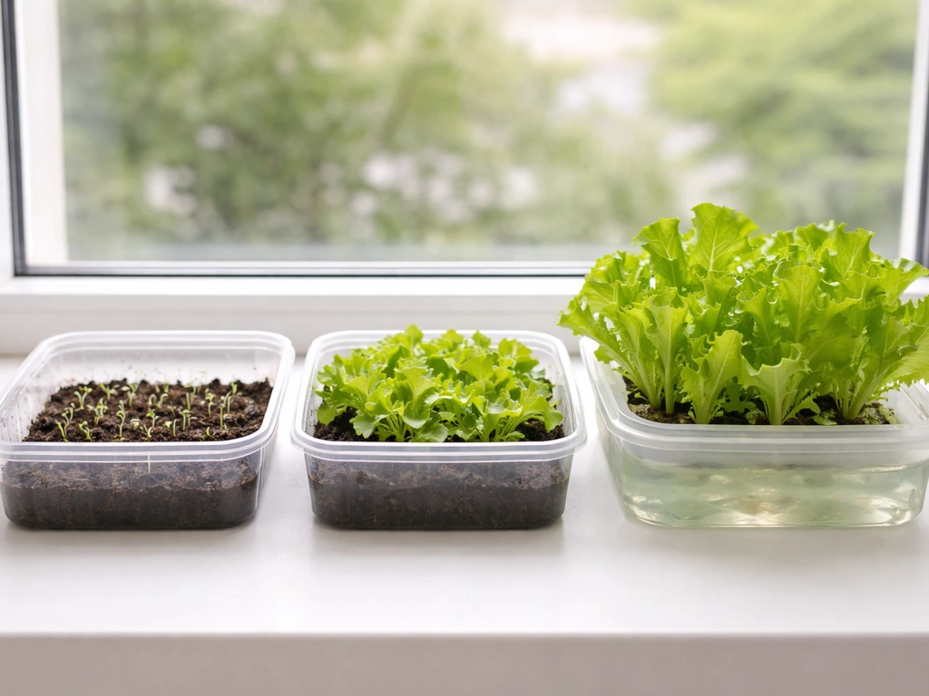Minimal indoor lettuce growth setup with seedlings in trays and fresh leaves ready for harvest