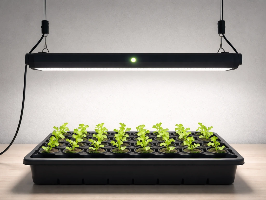Lettuce seedlings under an LED grow light bar, with adjustable light height and a glowing timer indicator.