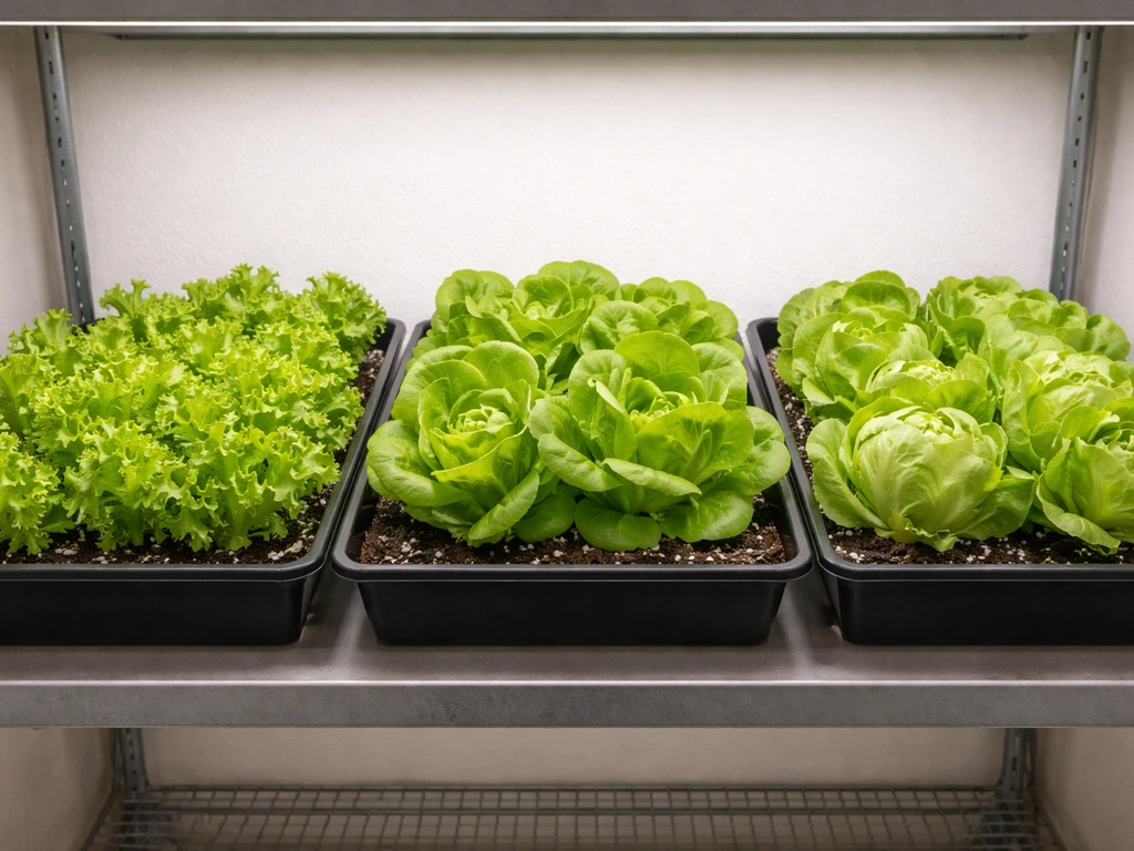 Three indoor lettuce trays side-by-side showing looseleaf, butterhead, and iceberg leaf differences.