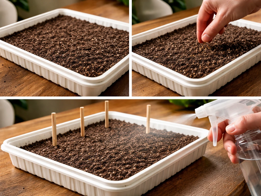 Indoor lettuce seed tray: filling soil, sowing at consistent depth, then misting moisture with blank markers