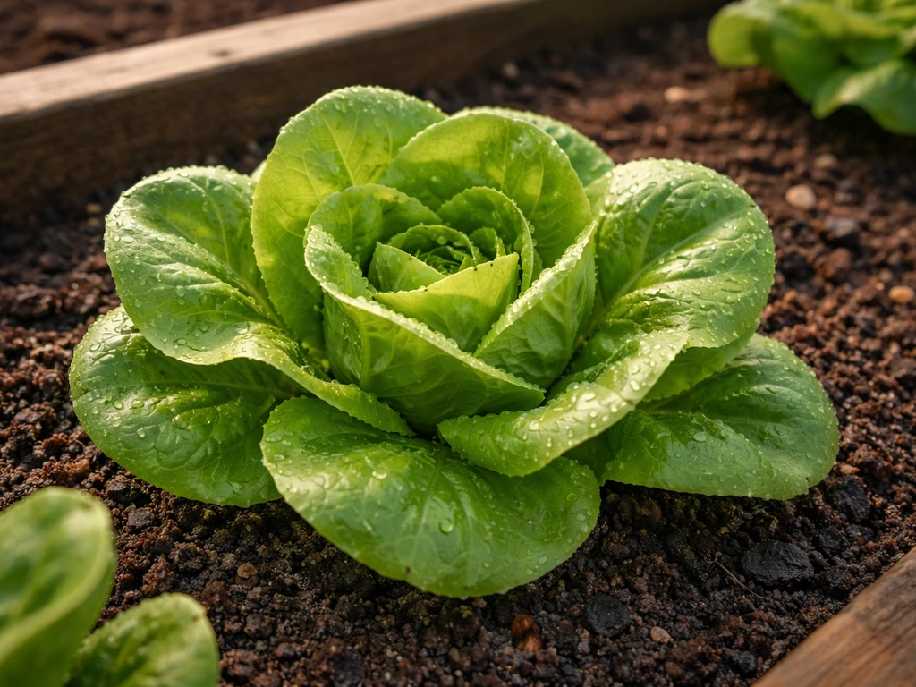 Harvest-ready Tom Thumb lettuce head in a small garden bed with crisp compact leaves