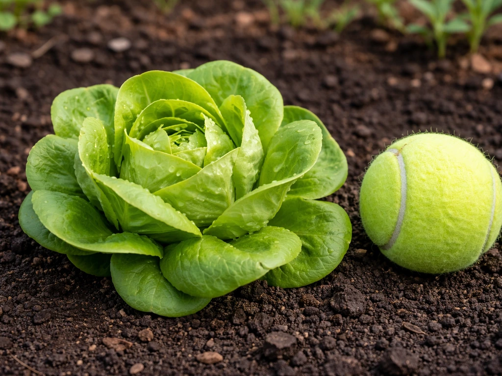 Small bibb-type lettuce head beside a tennis ball on garden soil for scale.