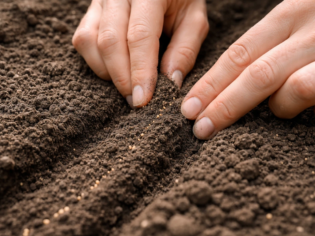 Close-up of hands sowing lettuce seeds in shallow furrows and lightly covering them with soil.
