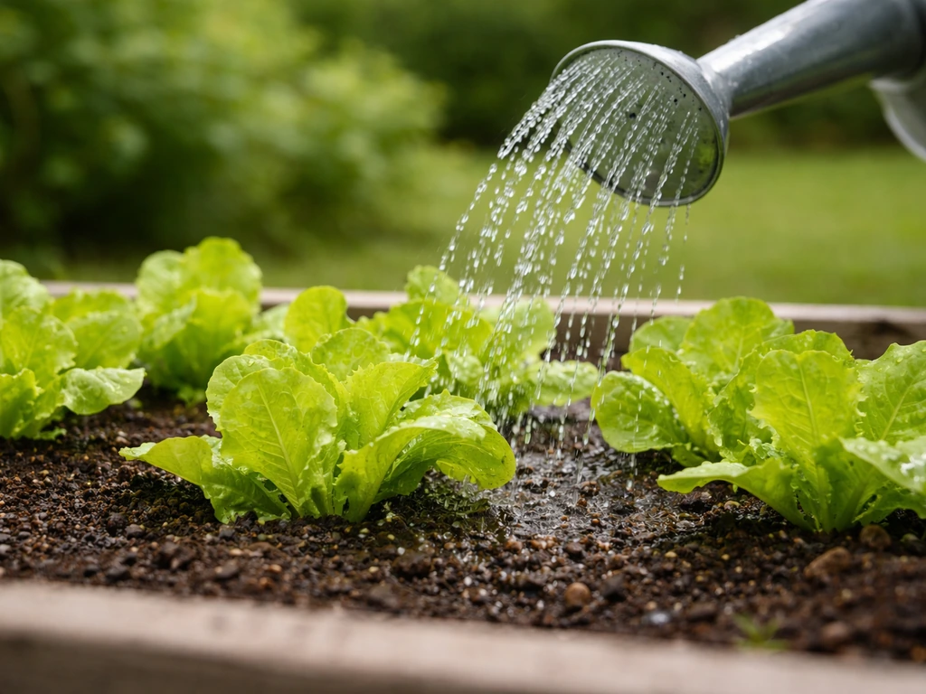 Watering a lettuce bed with a watering can, showing evenly moist dark soil without puddles.