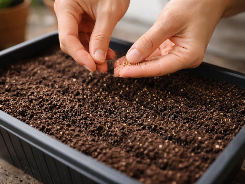 Hands sowing lettuce seeds over damp, fine potting mix in a small container