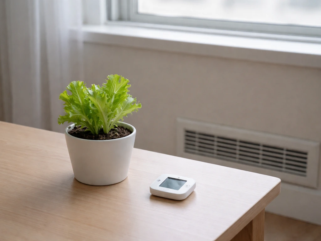 Lettuce plant on a table away from a heater vent, with a nearby thermometer showing cooler air.