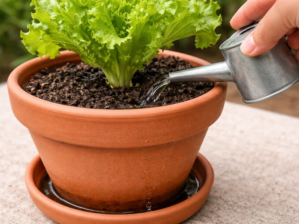 Hand watering a lettuce plant at the soil line in a pot, with slight drainage from bottom holes.