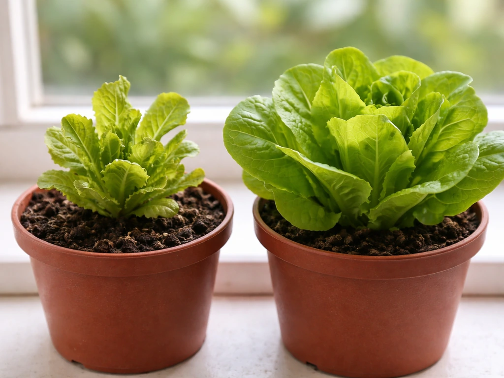 Close-up of two lettuce plants in pots, one with stressed smaller leaves and one with healthy fuller leaves.