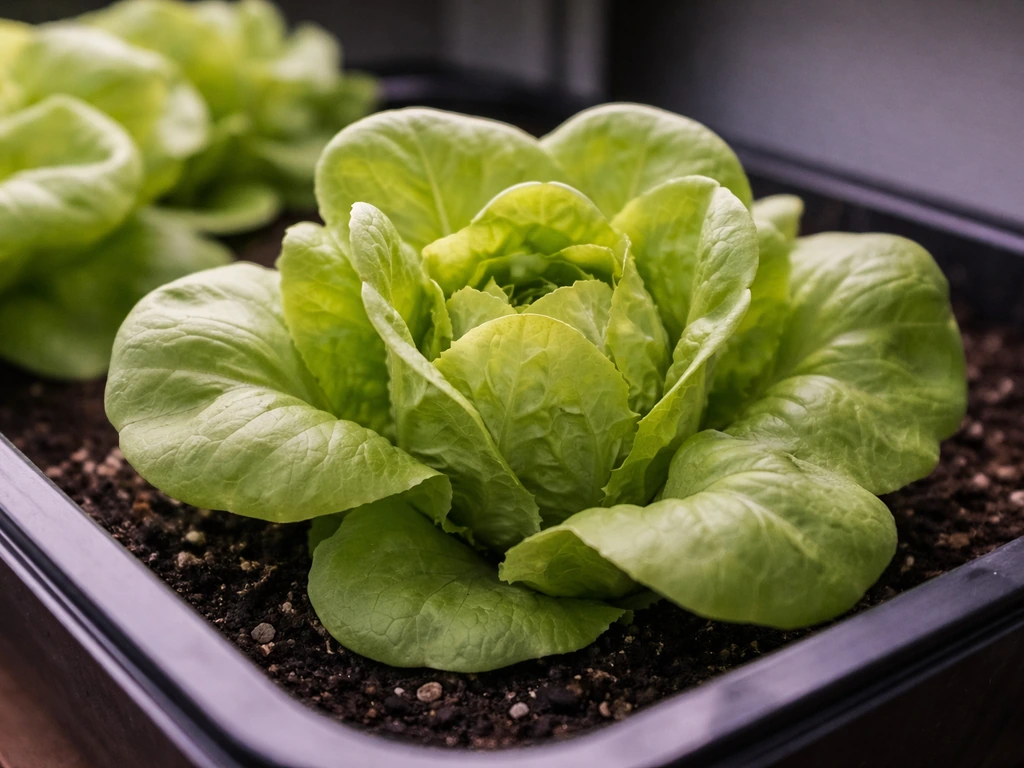 Close-up of an indoor butterhead (Boston) lettuce plant forming a loose, soft head.