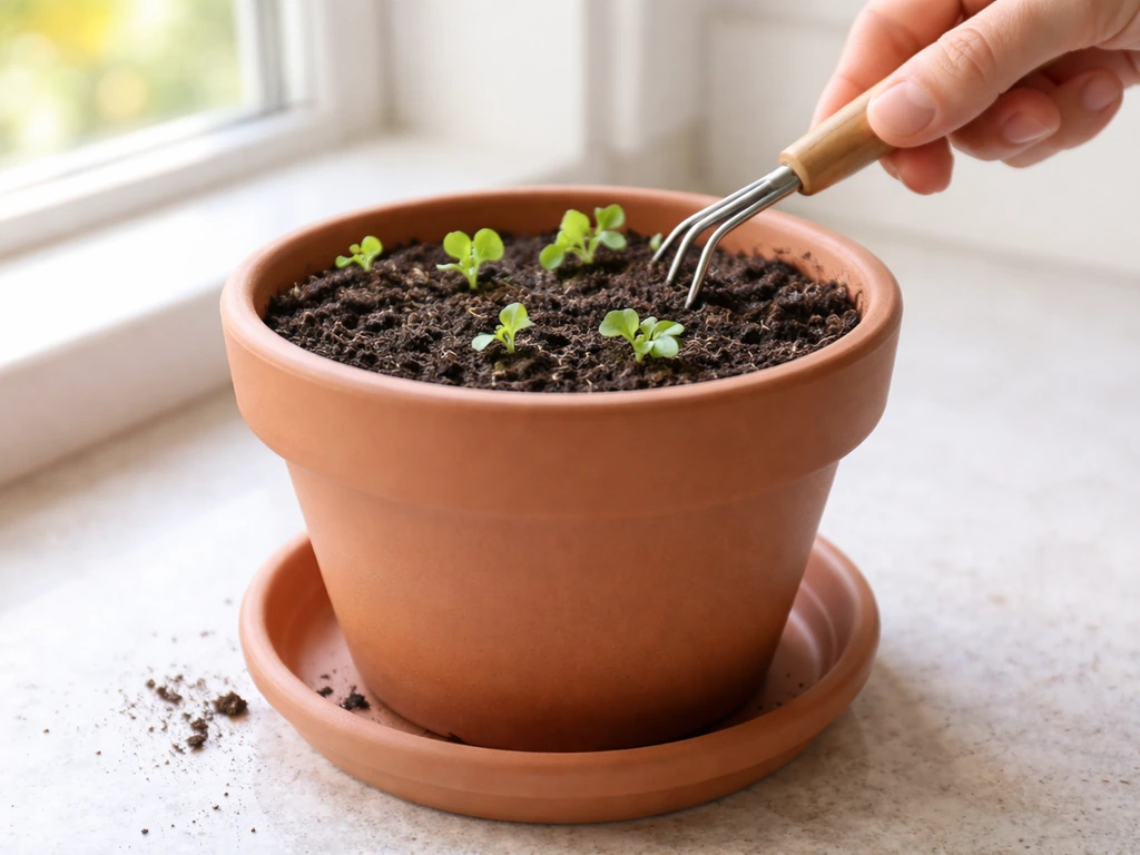 Close-up of an indoor lettuce pot with soil, visible drainage tray beneath, near a bright window.