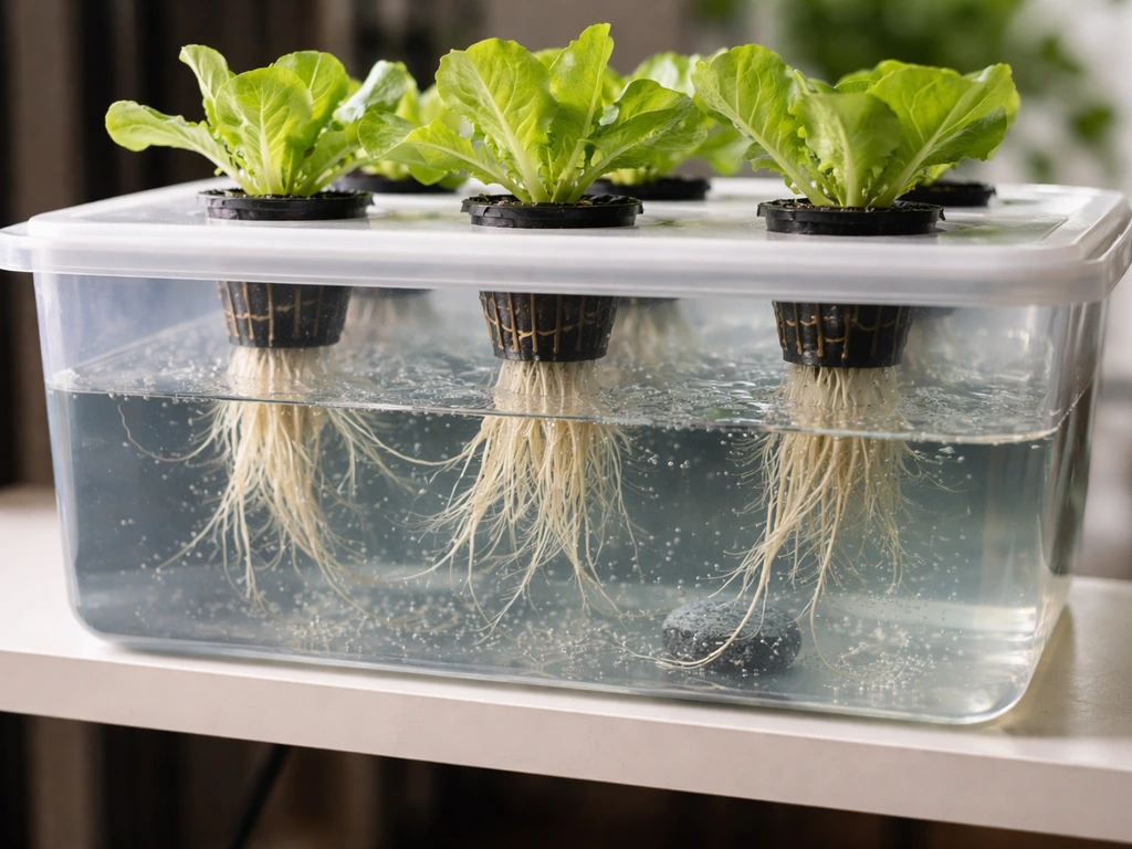 Close-up of hydroponic lettuce roots in a clear Kratky-style reservoir under indoor grow lights
