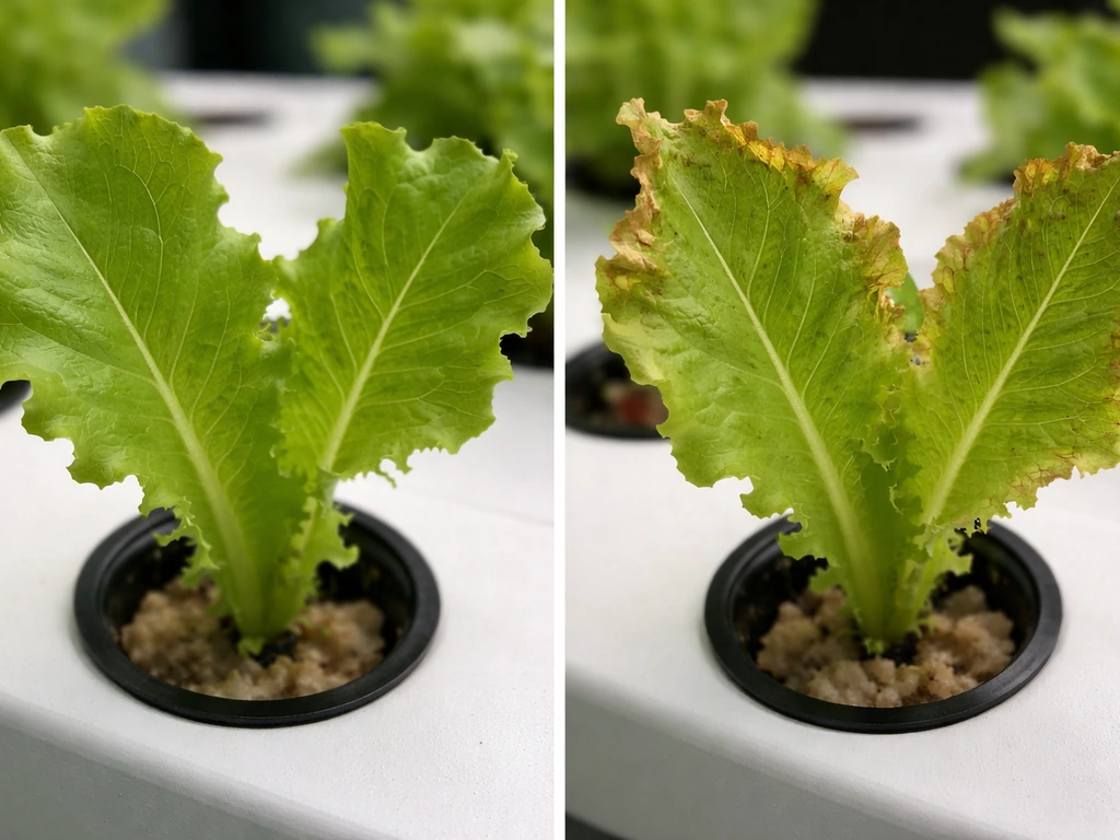 Two close-up lettuce leaves—one healthy, one with brown papery tip-burn edges in natural light