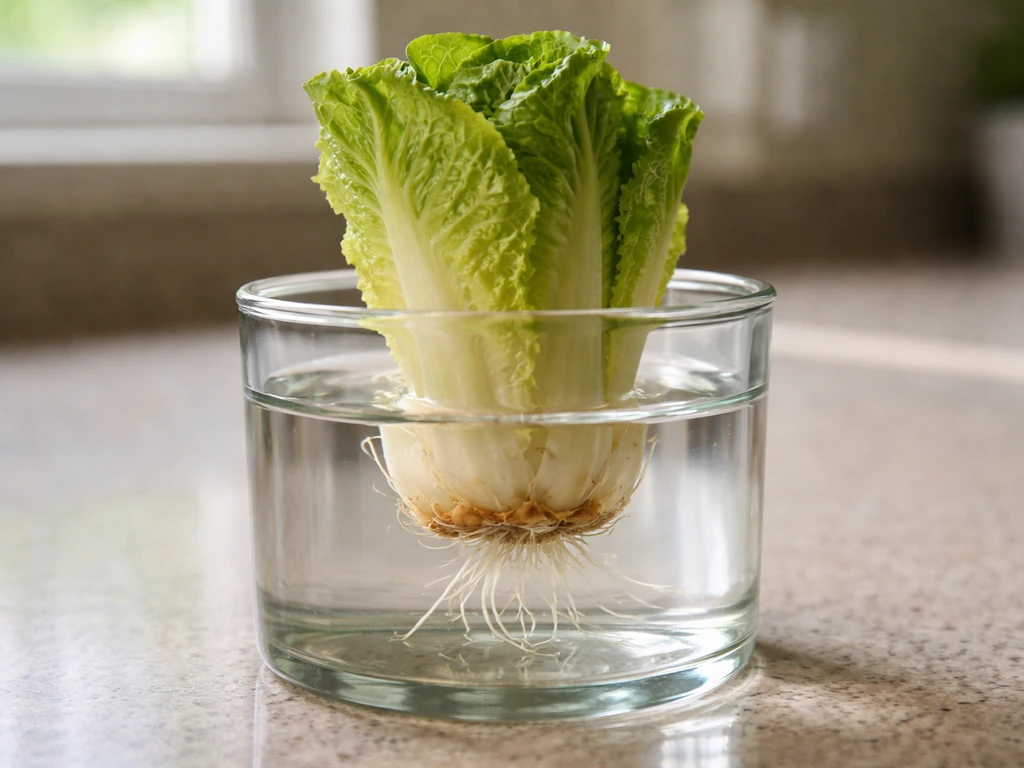 Lettuce stump regrowing in clear water with pale roots starting to form in a glass container.