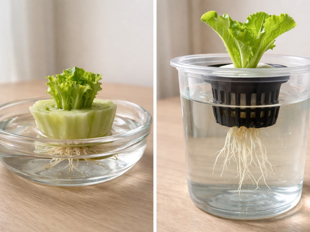 Left: lettuce stump in shallow water dish; right: hydroponic lettuce seedling in deeper system.