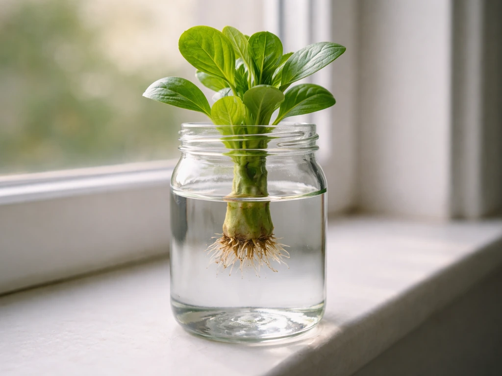 Clear jar on a windowsill showing early root nubs, first outer leaves, and fuller leafy growth.