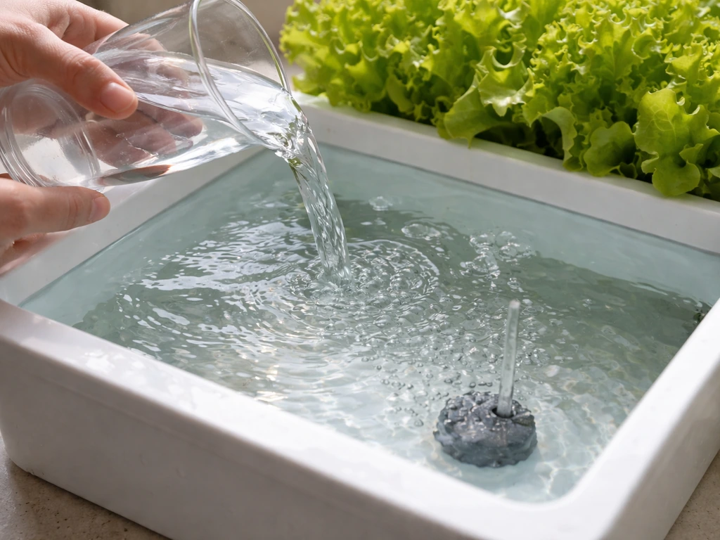 Close-up of a lettuce hydroponics container with fresh water being gently aerated by an air stone