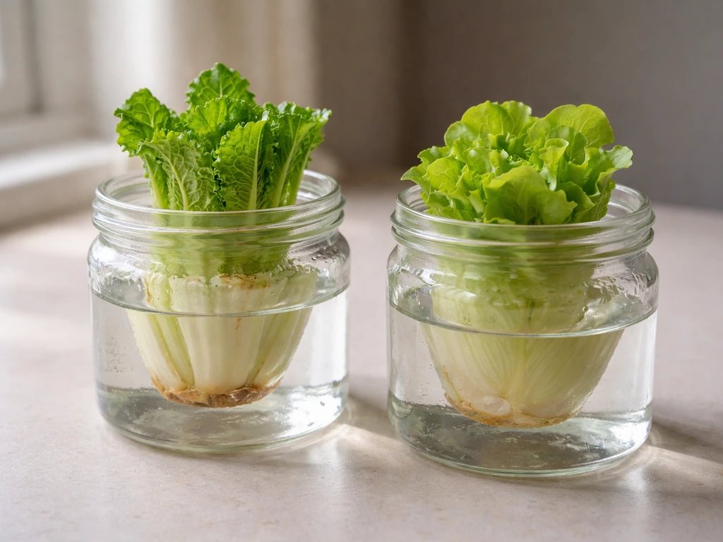 Romaine and butter lettuce stumps regrowing side-by-side in separate clear water containers.