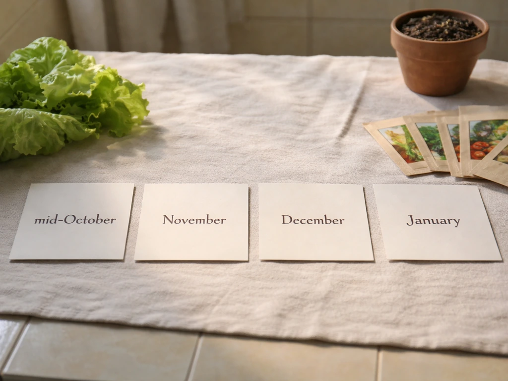 Iceberg lettuce seed packets and a simple mid-October to January planting timeline on a table
