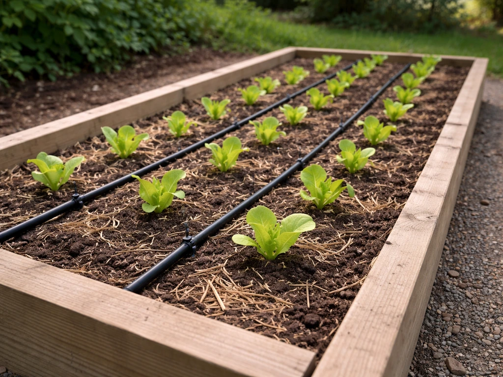 Raised lettuce bed with well-draining soil and a drip irrigation line beside emerging seedlings.