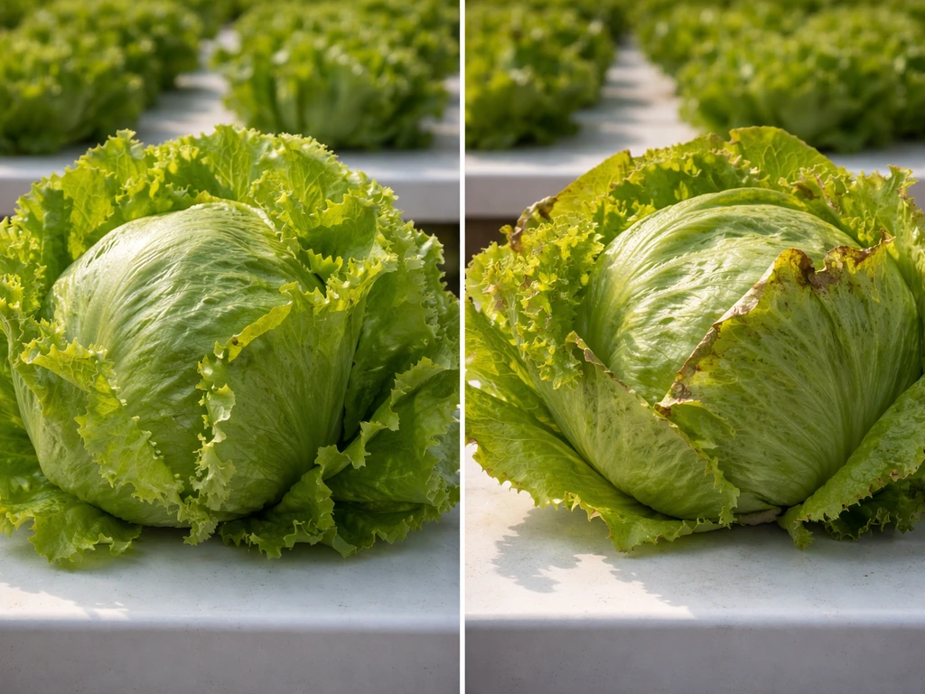 Closeup of iceberg lettuce—one row evenly moist and fresh, another slightly stressed with early browning.