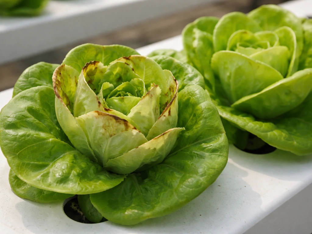 Close-up of inner lettuce leaves with brown tipburn edges beside a nearby healthy lettuce head.