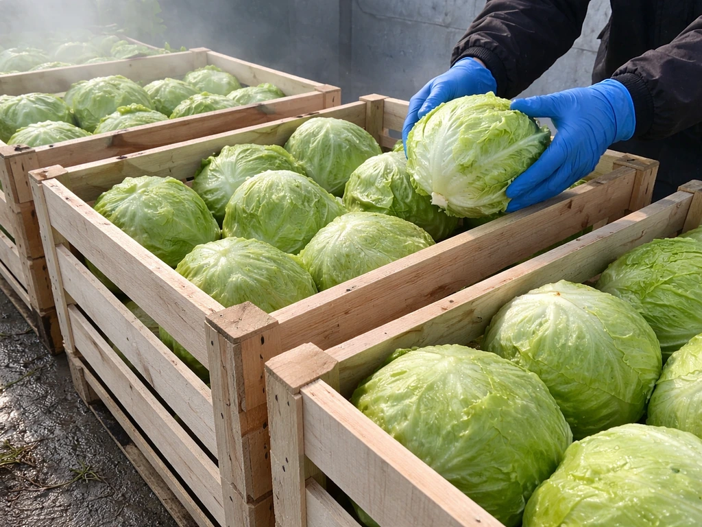 Freshly cut iceberg heads cooling in ventilated crates under shade, ready for rapid refrigeration