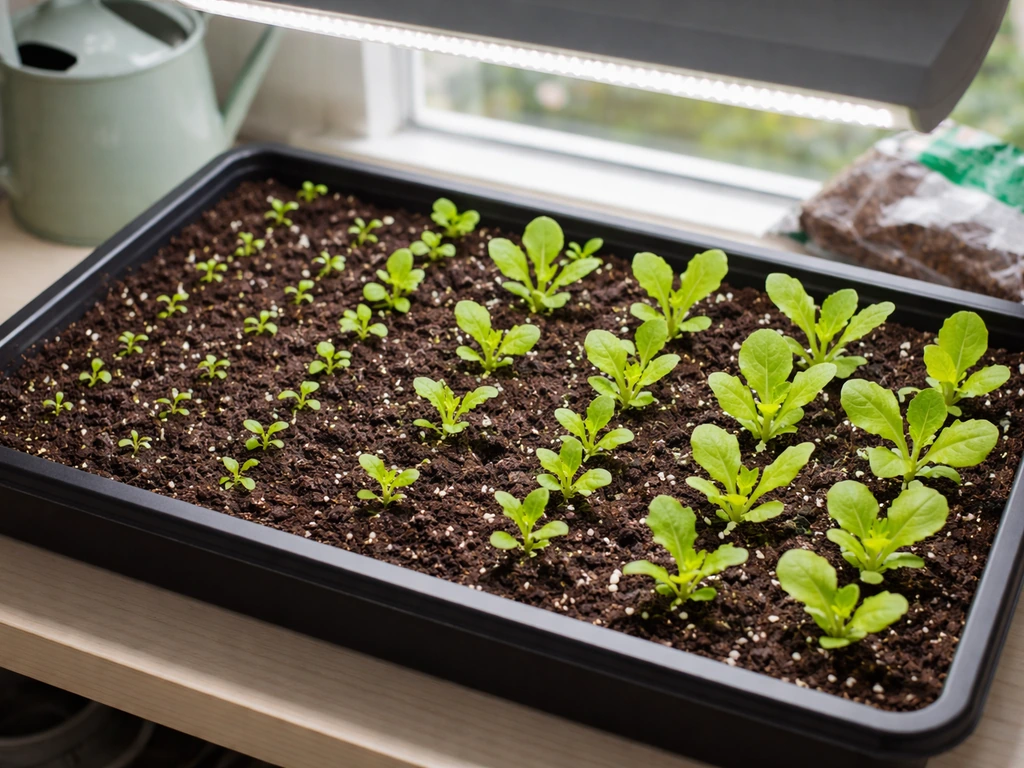 Overhead view of indoor wild lettuce seedlings in a grow tray under LED lights, from sprout to leafy growth.