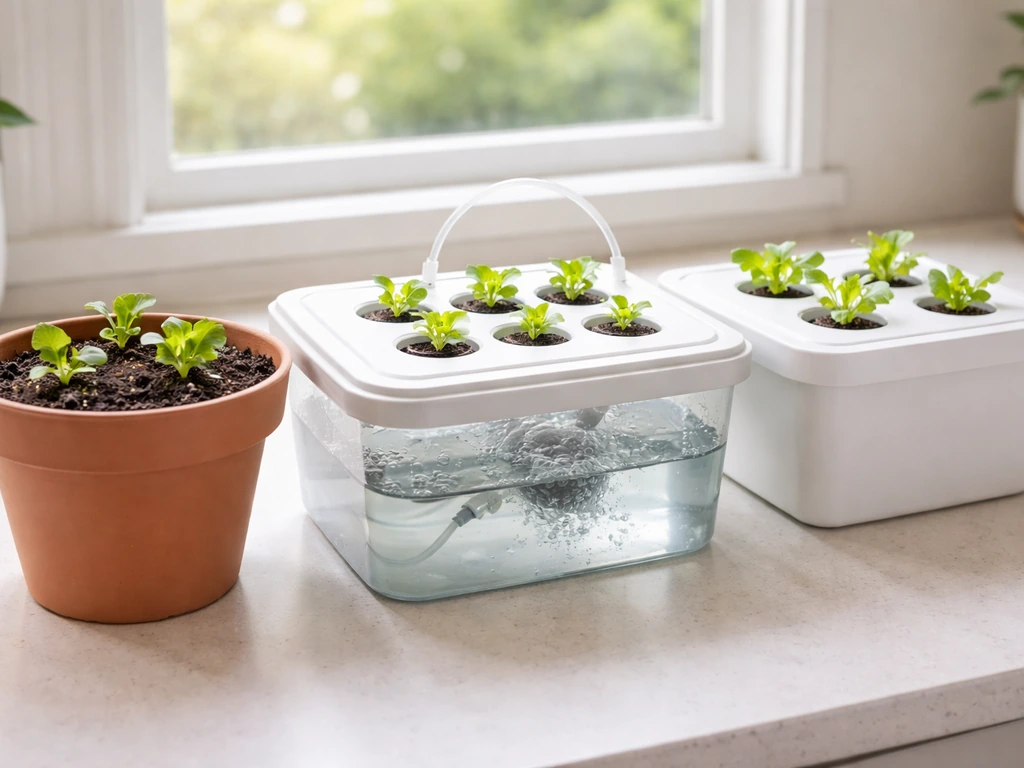 Three indoor growing setups side-by-side: soil pots with seed-start mix, hydroponic reservoir tank, and deep-water cultu