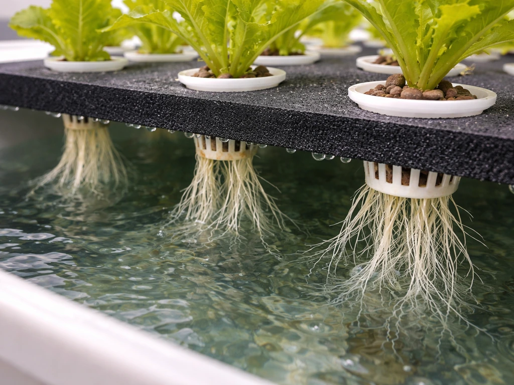 Close-up of lettuce roots in a hydroponic deep water culture system with net cups and nutrient solution.
