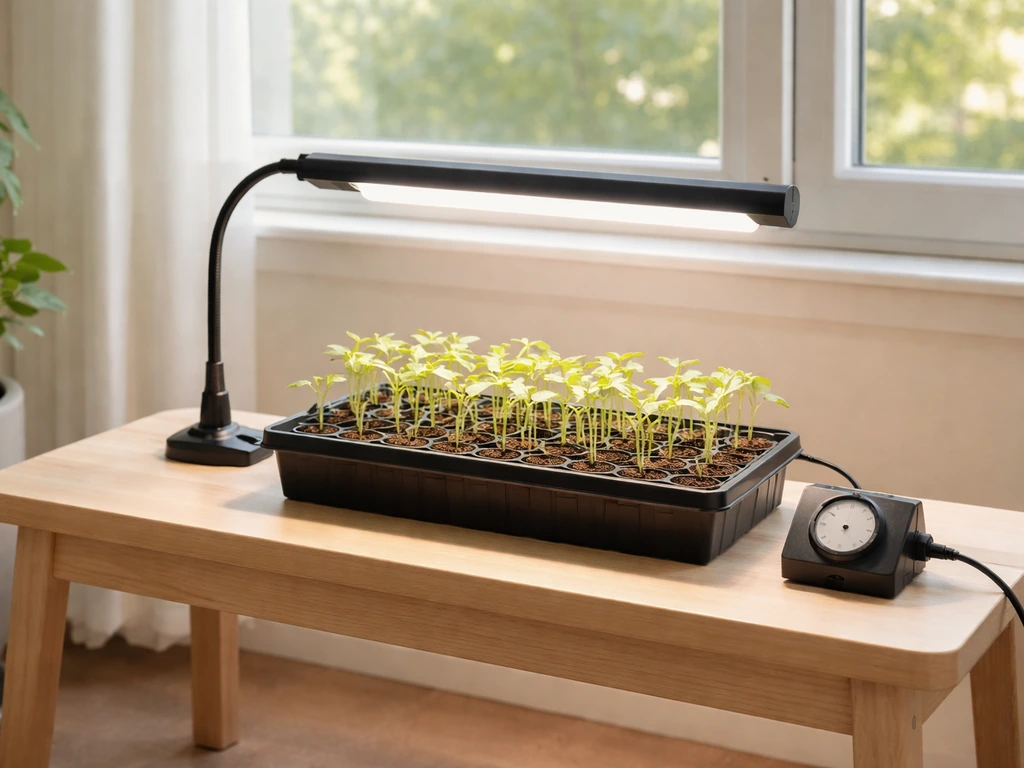 Seedlings under a grow light with a small timer on a nearby shelf in a bright room corner.