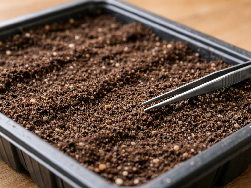 Close-up of shallow seed-starting tray with moist mix, wild lettuce seeds lightly covered, and a thinning tool nearby