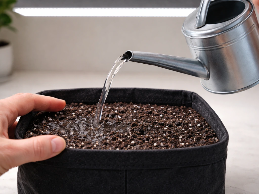 Hand using a watering can to evenly moisten soil in a well-draining grow container under a light.