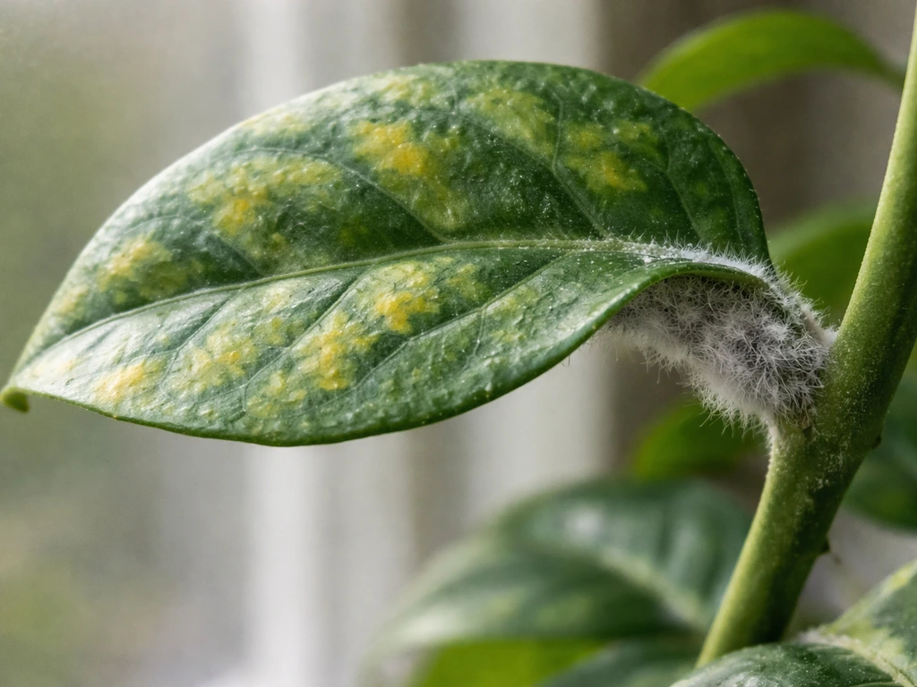 Green plant leaf with yellow patches and gray-white fuzzy growth on the underside, close-up in simple indoor setting.